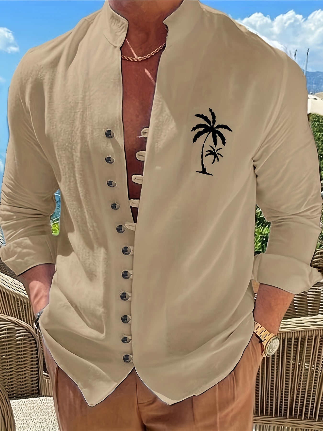 Men's Coconut Tree Shirt Top Turn-Down Collar Long Sleeve Closure Male Casual Shirt For Men Daily Vacation Streetwear