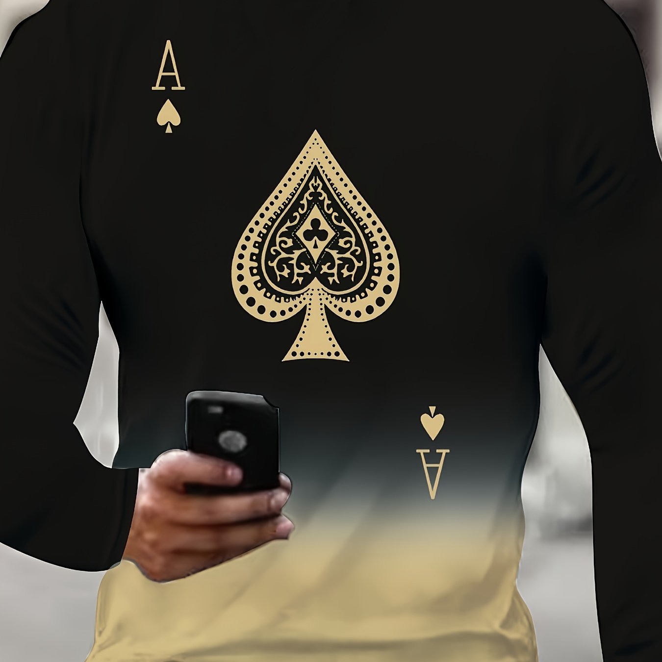 Gradient Chic Crew Neck Long Sleeve T-Shirt for Men - Vibrant Spade Print, Soft Fabric, Spring and Fall Outdoor Wear, Ideal Gift for Him