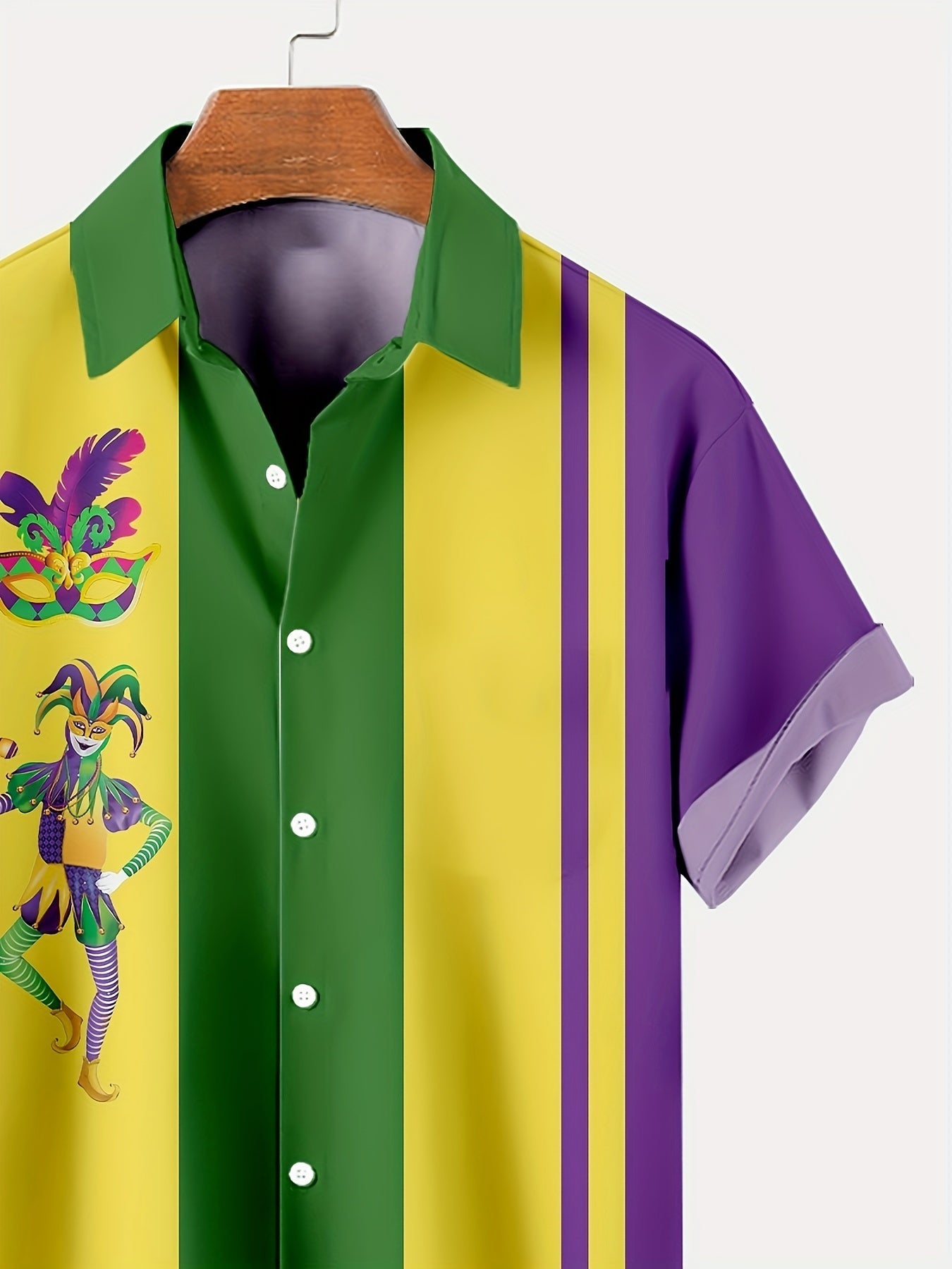 Vibrant Mardi Gras Carnival Color Block Short Sleeve Button Down Shirt for Men