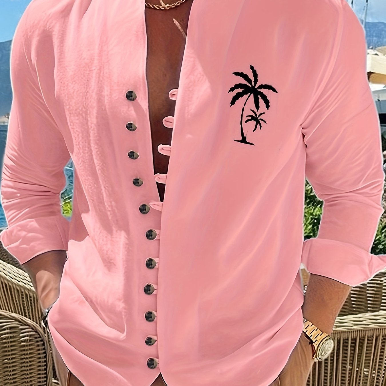 Men's Coconut Tree Shirt Top Turn-Down Collar Long Sleeve Closure Male Casual Shirt For Men Daily Vacation Streetwear