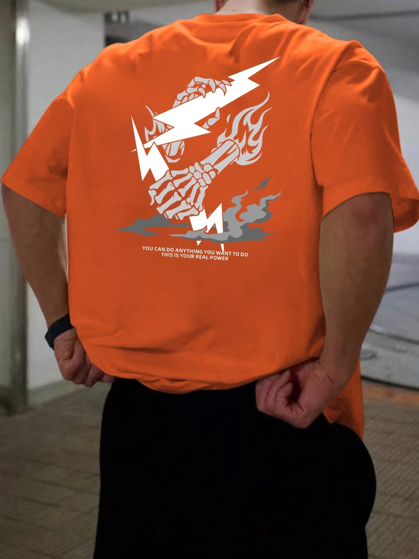 Skeleton Hand And Lightning Graphic Print Crew Neck Short Sleeve T-shirt