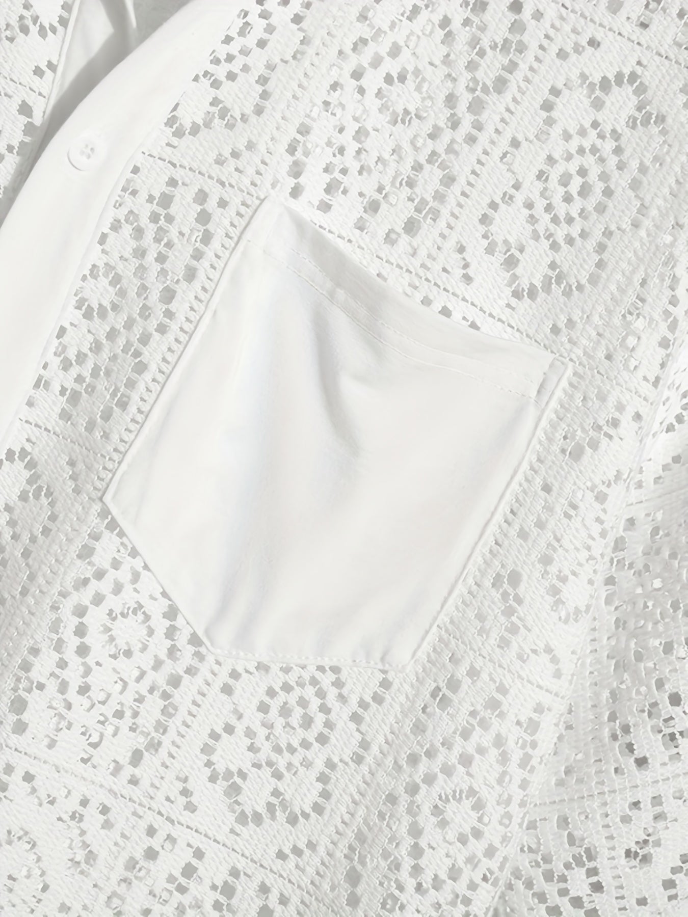 Men's Shirt Top, Solid Lace Hollow Out Design Lapel Short Sleeve Closure Summer Sexy Casual Button Up Shirt