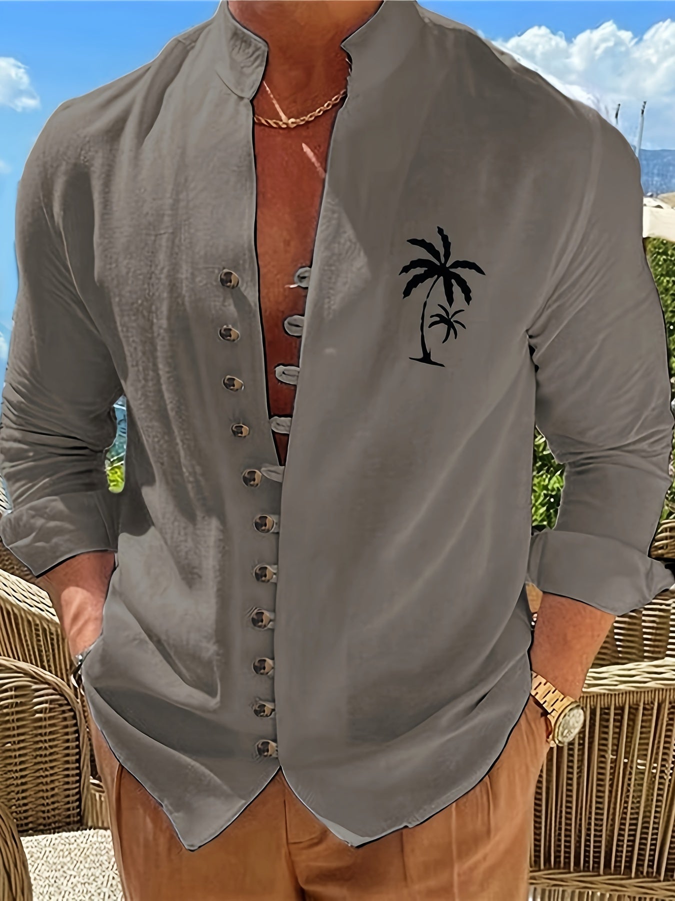 Men's Coconut Tree Shirt Top Turn-Down Collar Long Sleeve Closure Male Casual Shirt For Men Daily Vacation Streetwear