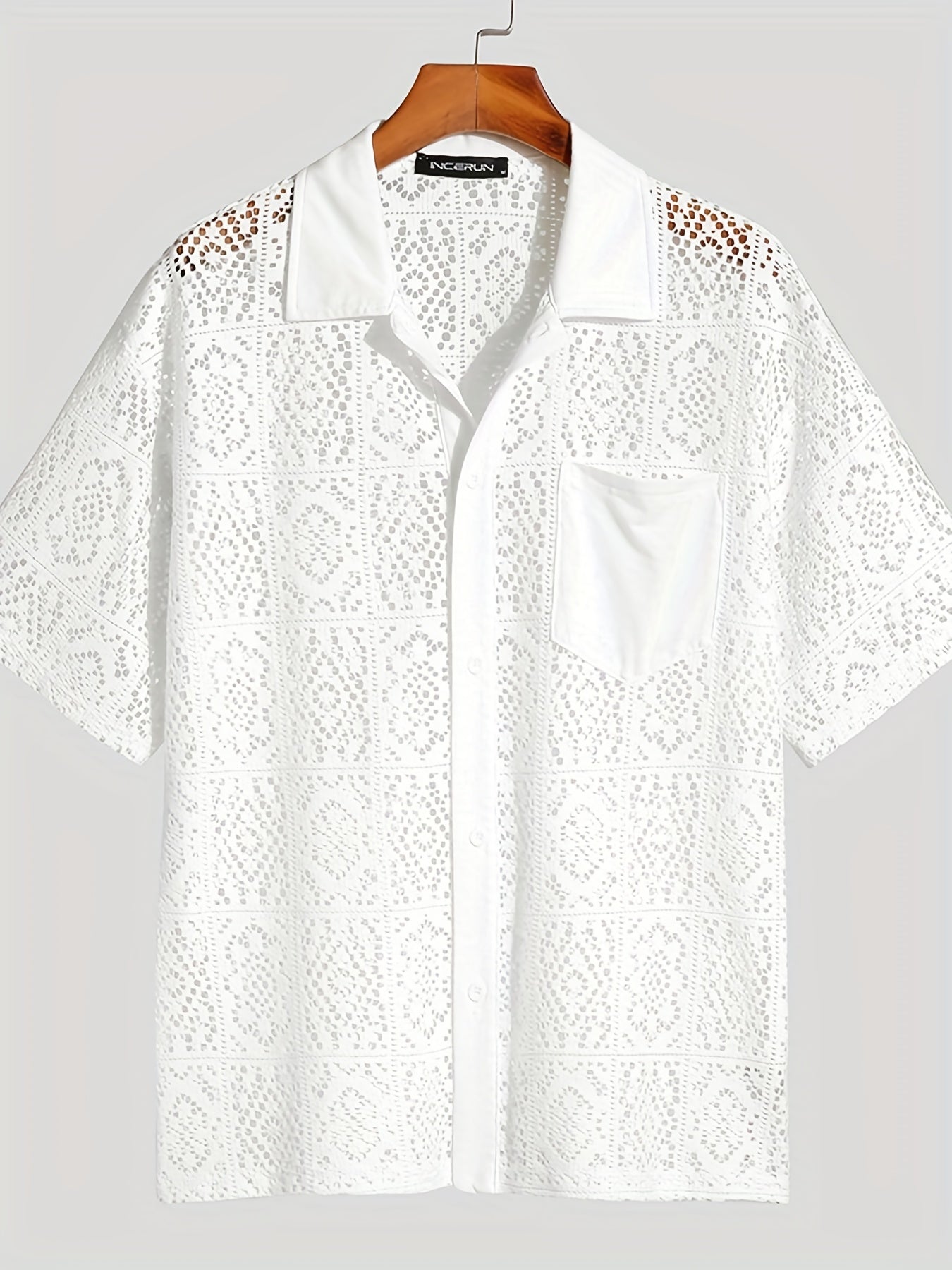 Men's Shirt Top, Solid Lace Hollow Out Design Lapel Short Sleeve Closure Summer Sexy Casual Button Up Shirt