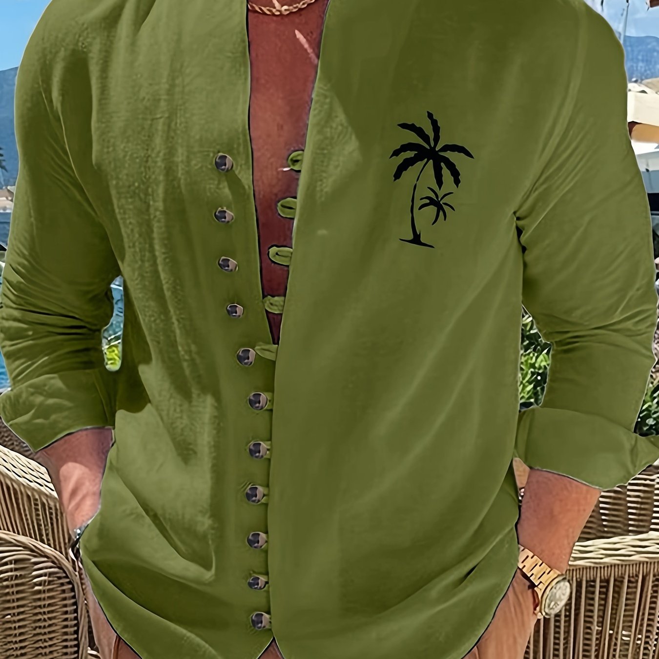 Men's Coconut Tree Shirt Top Turn-Down Collar Long Sleeve Closure Male Casual Shirt For Men Daily Vacation Streetwear
