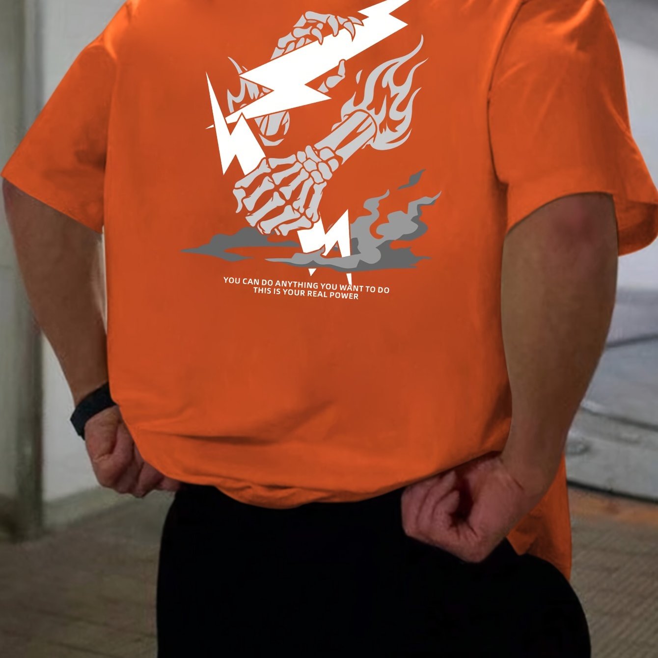 Skeleton Hand And Lightning Graphic Print Crew Neck Short Sleeve T-shirt