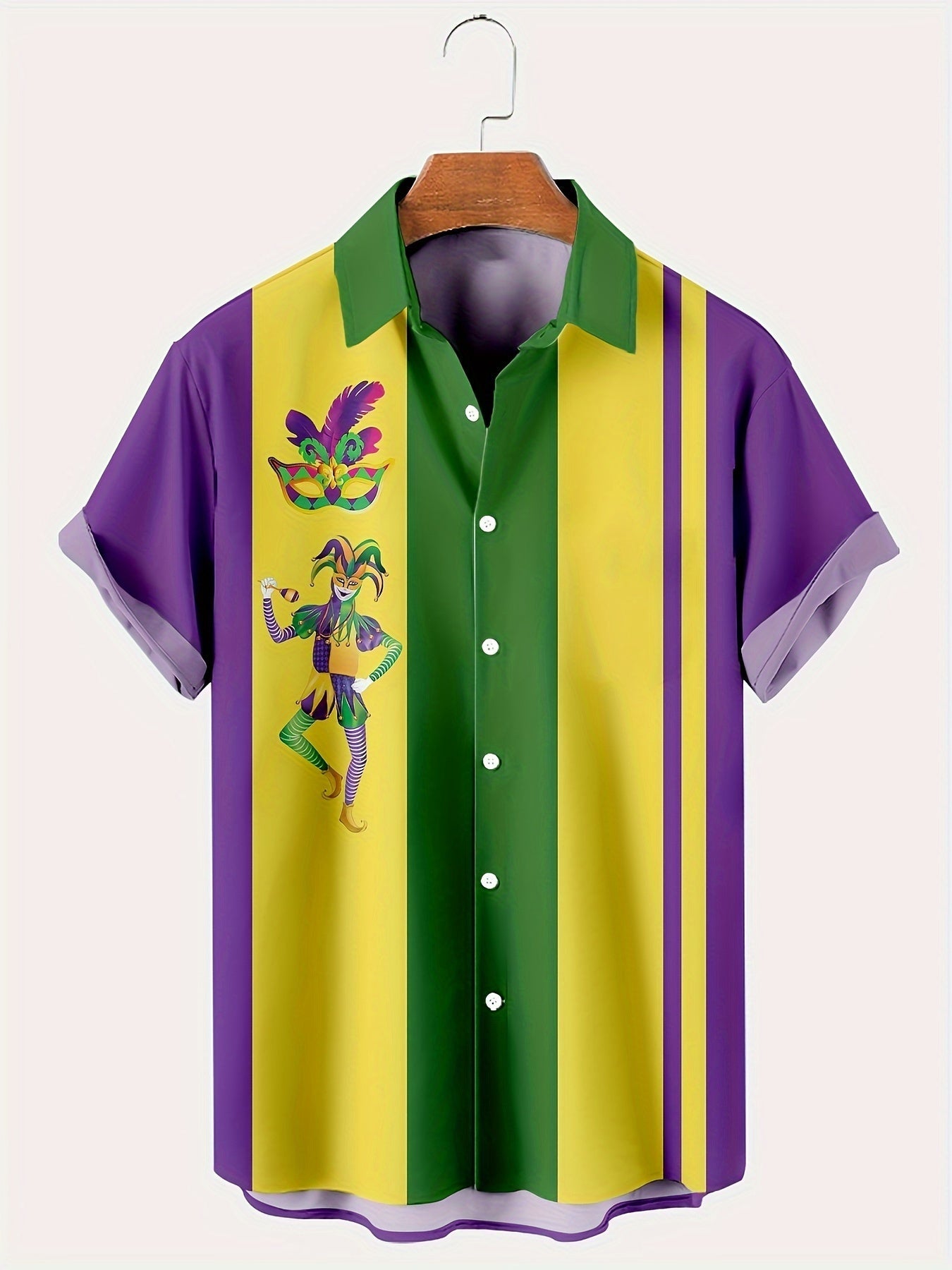 Vibrant Mardi Gras Carnival Color Block Short Sleeve Button Down Shirt for Men