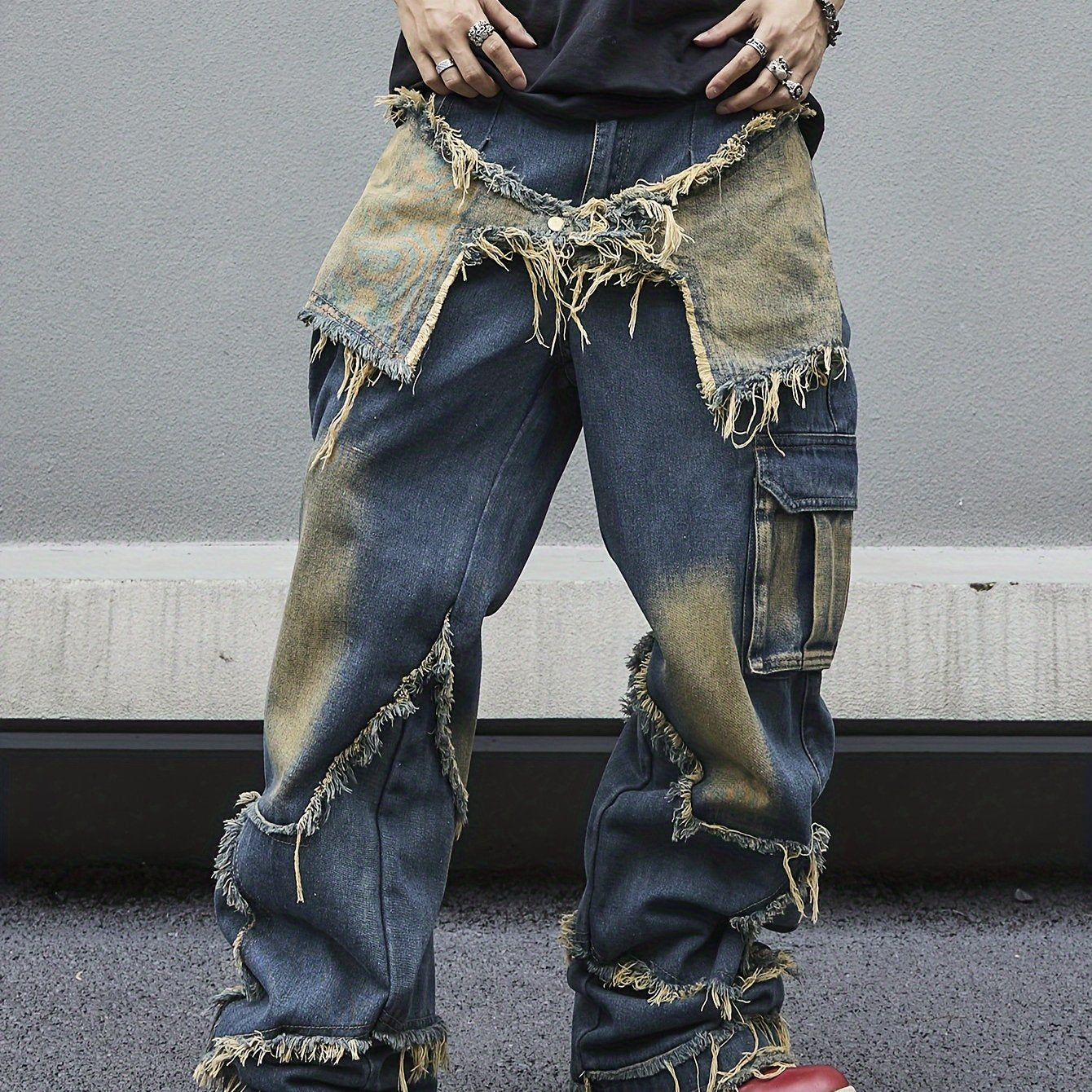 Midi Wide Leg Denim Jeans for Men - Stylish Vintage Street Style Patchwork Design