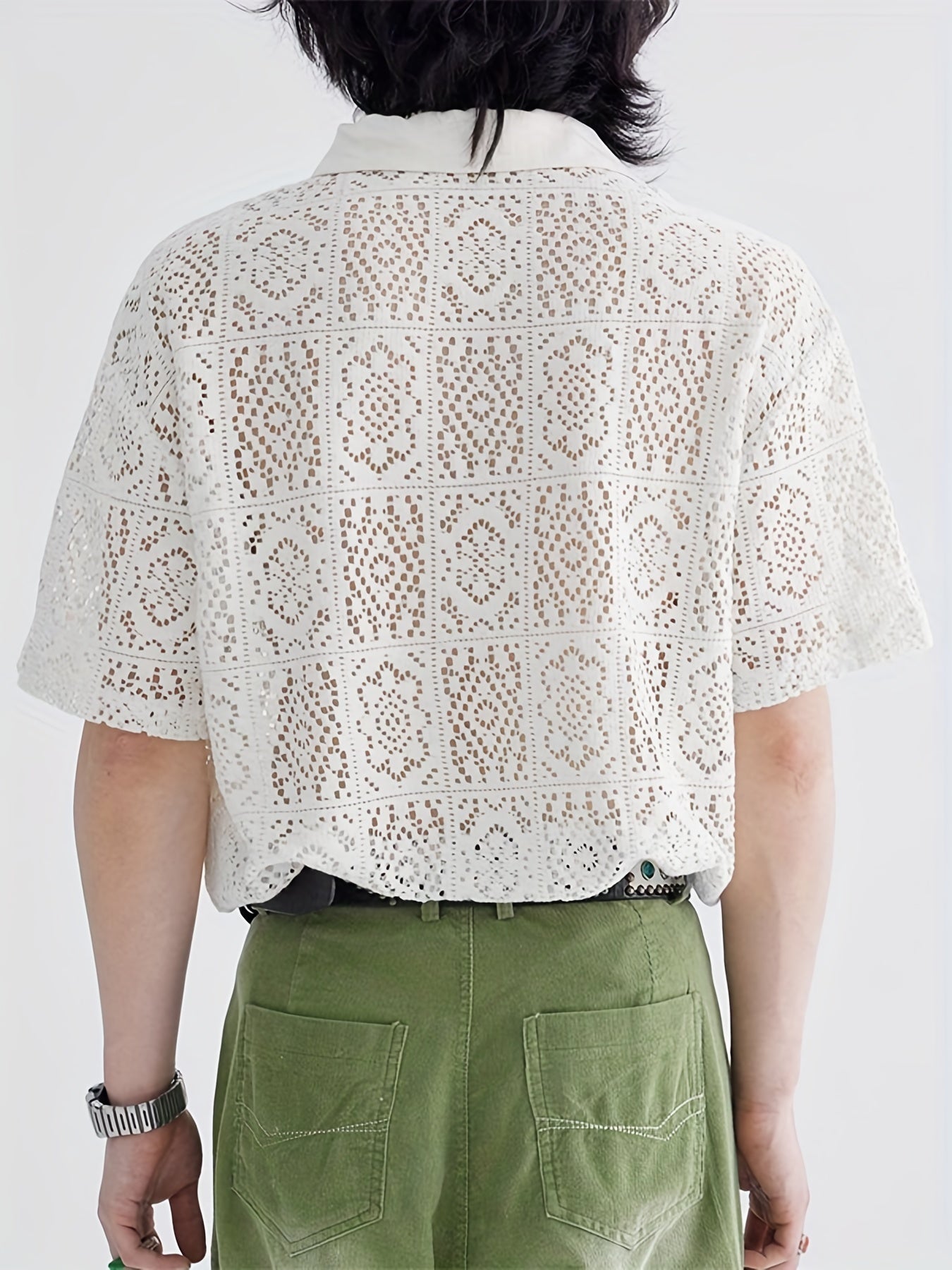 Men's Shirt Top, Solid Lace Hollow Out Design Lapel Short Sleeve Closure Summer Sexy Casual Button Up Shirt