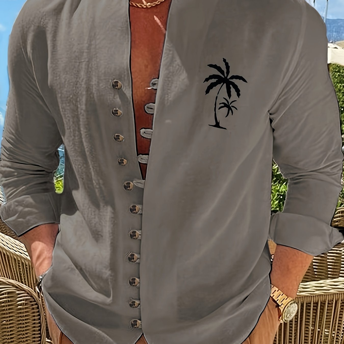 Men's Coconut Tree Shirt Top Turn-Down Collar Long Sleeve Closure Male Casual Shirt For Men Daily Vacation Streetwear