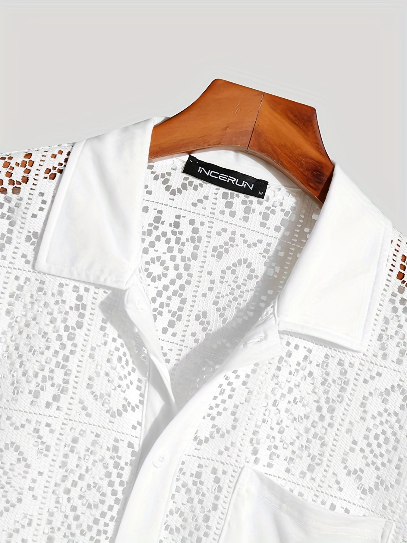Men's Shirt Top, Solid Lace Hollow Out Design Lapel Short Sleeve Closure Summer Sexy Casual Button Up Shirt