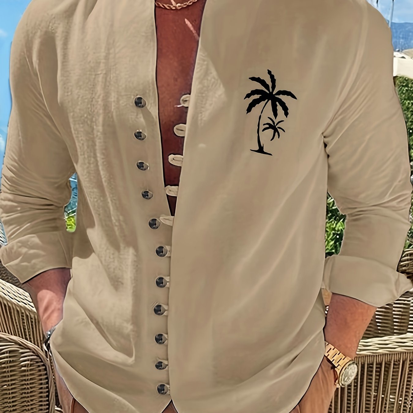Men's Coconut Tree Shirt Top Turn-Down Collar Long Sleeve Closure Male Casual Shirt For Men Daily Vacation Streetwear