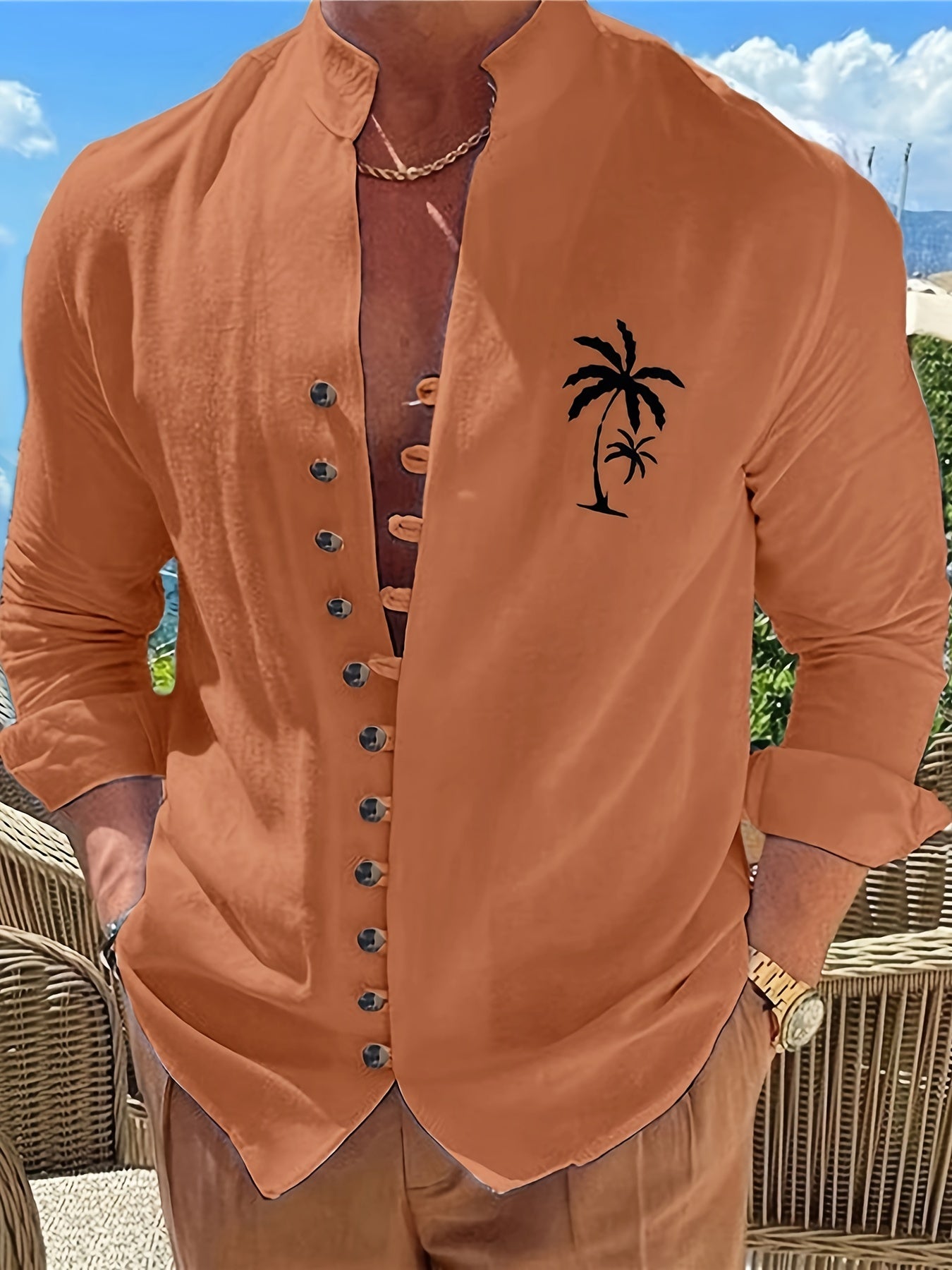 Men's Coconut Tree Shirt Top Turn-Down Collar Long Sleeve Closure Male Casual Shirt For Men Daily Vacation Streetwear