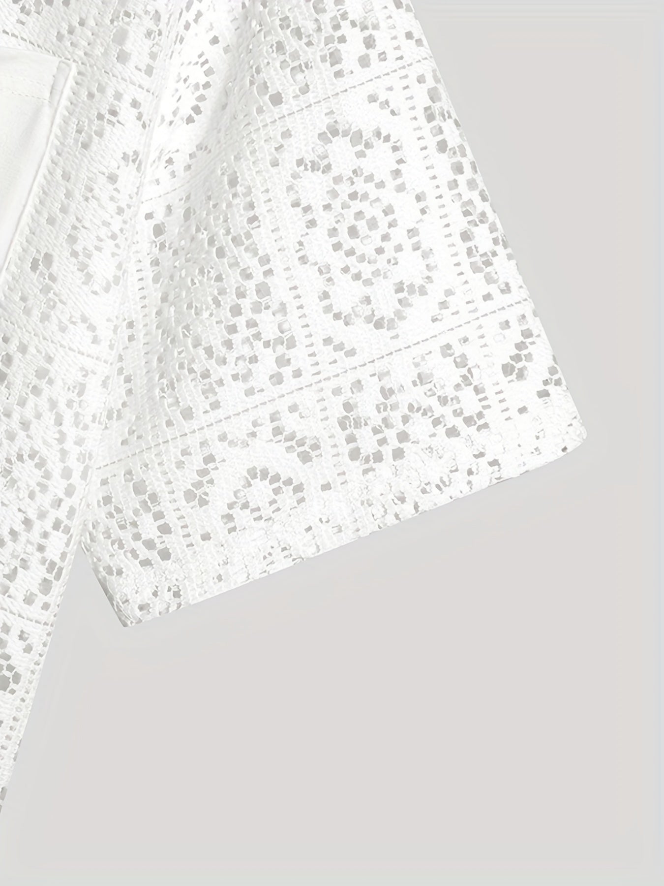 Men's Shirt Top, Solid Lace Hollow Out Design Lapel Short Sleeve Closure Summer Sexy Casual Button Up Shirt