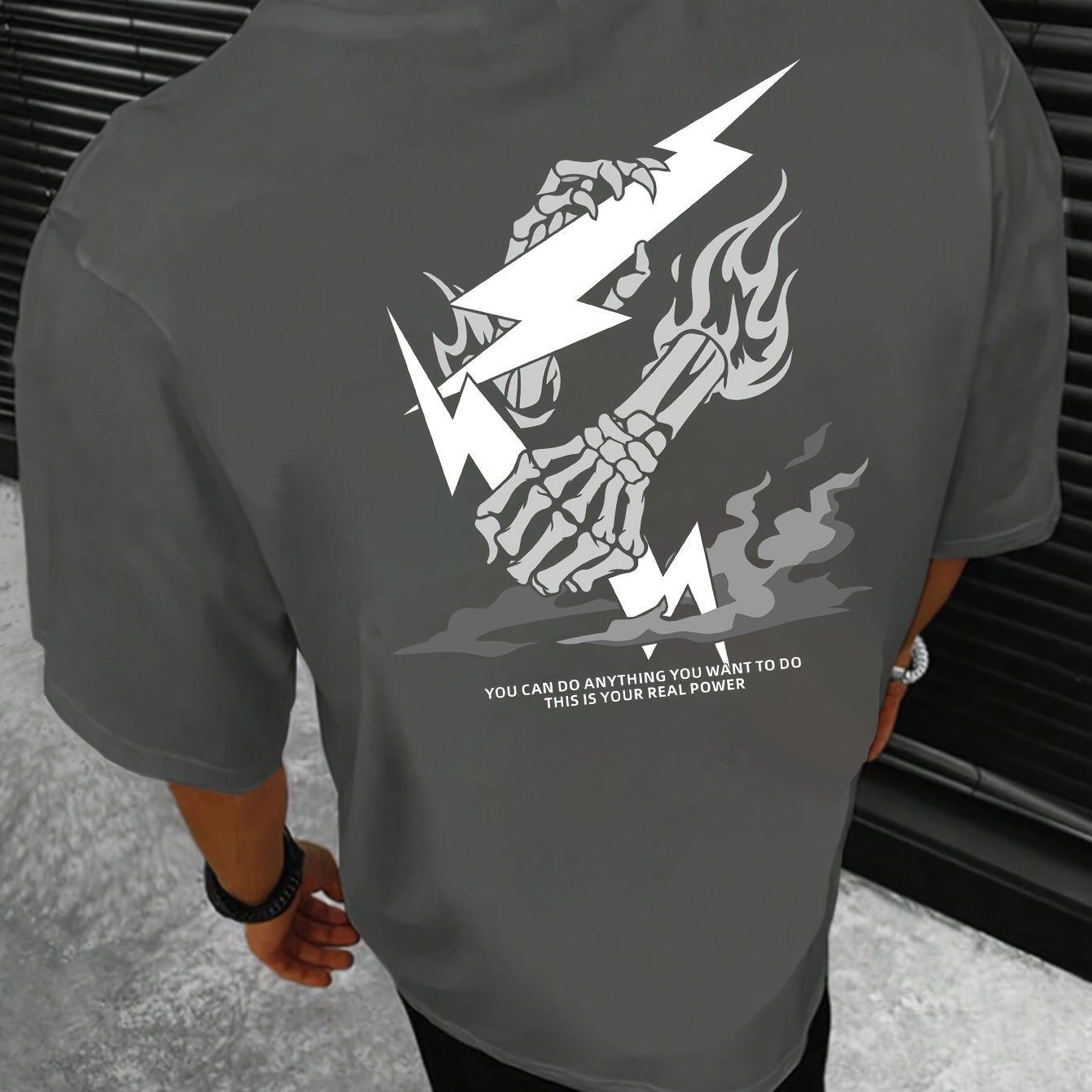 Skeleton Hand And Lightning Graphic Print Crew Neck Short Sleeve T-shirt