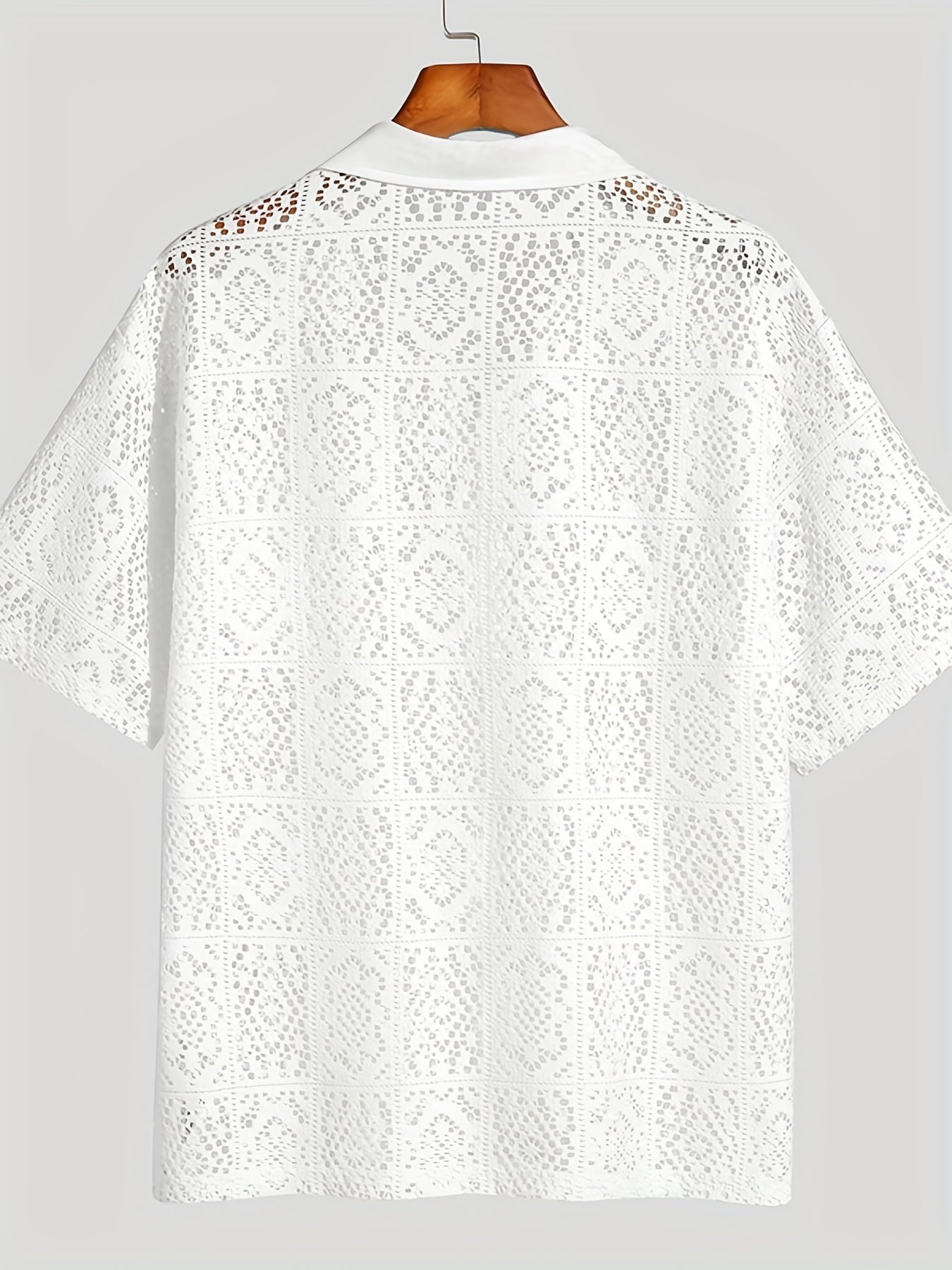 Men's Shirt Top, Solid Lace Hollow Out Design Lapel Short Sleeve Closure Summer Sexy Casual Button Up Shirt