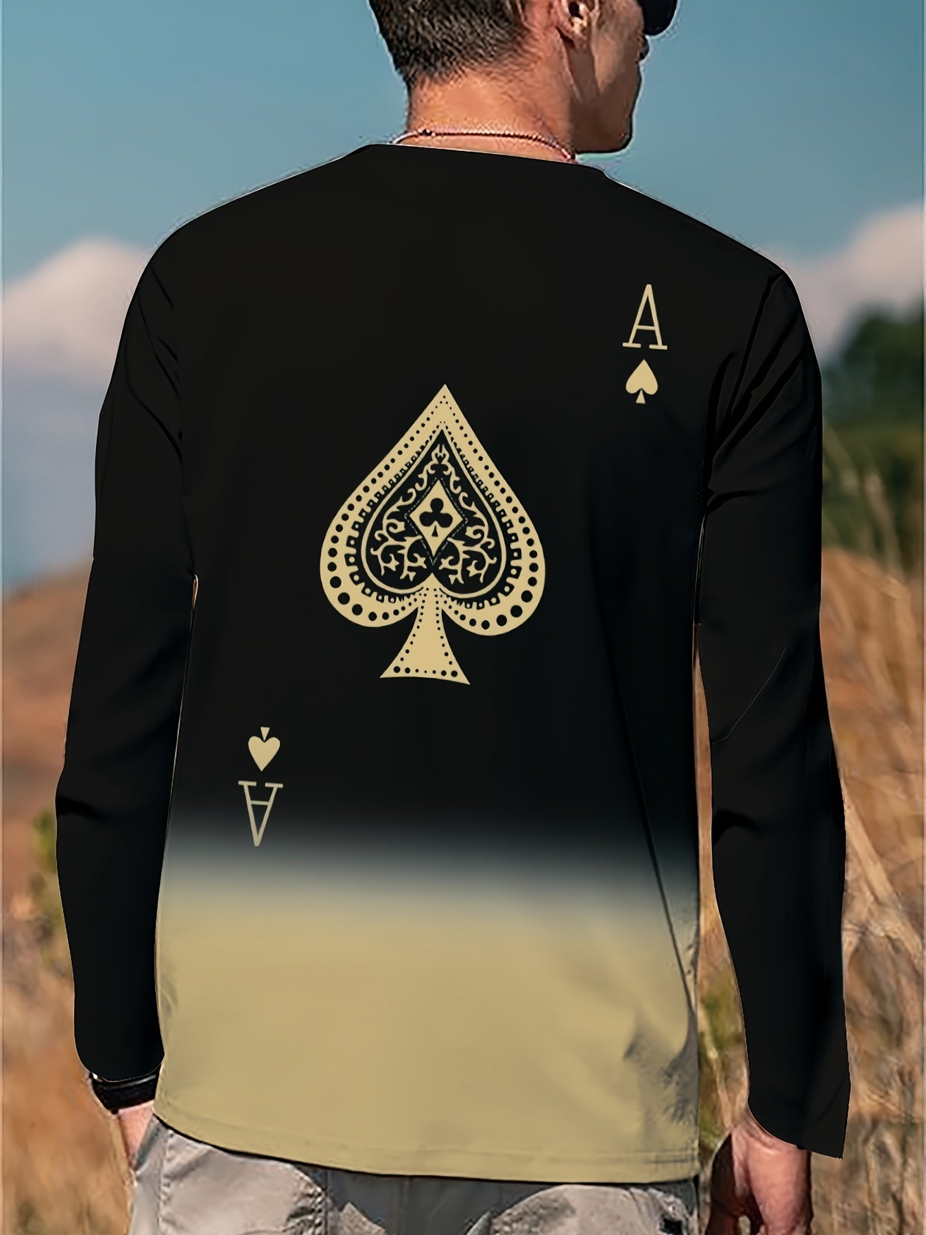 Gradient Chic Crew Neck Long Sleeve T-Shirt for Men - Vibrant Spade Print, Soft Fabric, Spring and Fall Outdoor Wear, Ideal Gift for Him