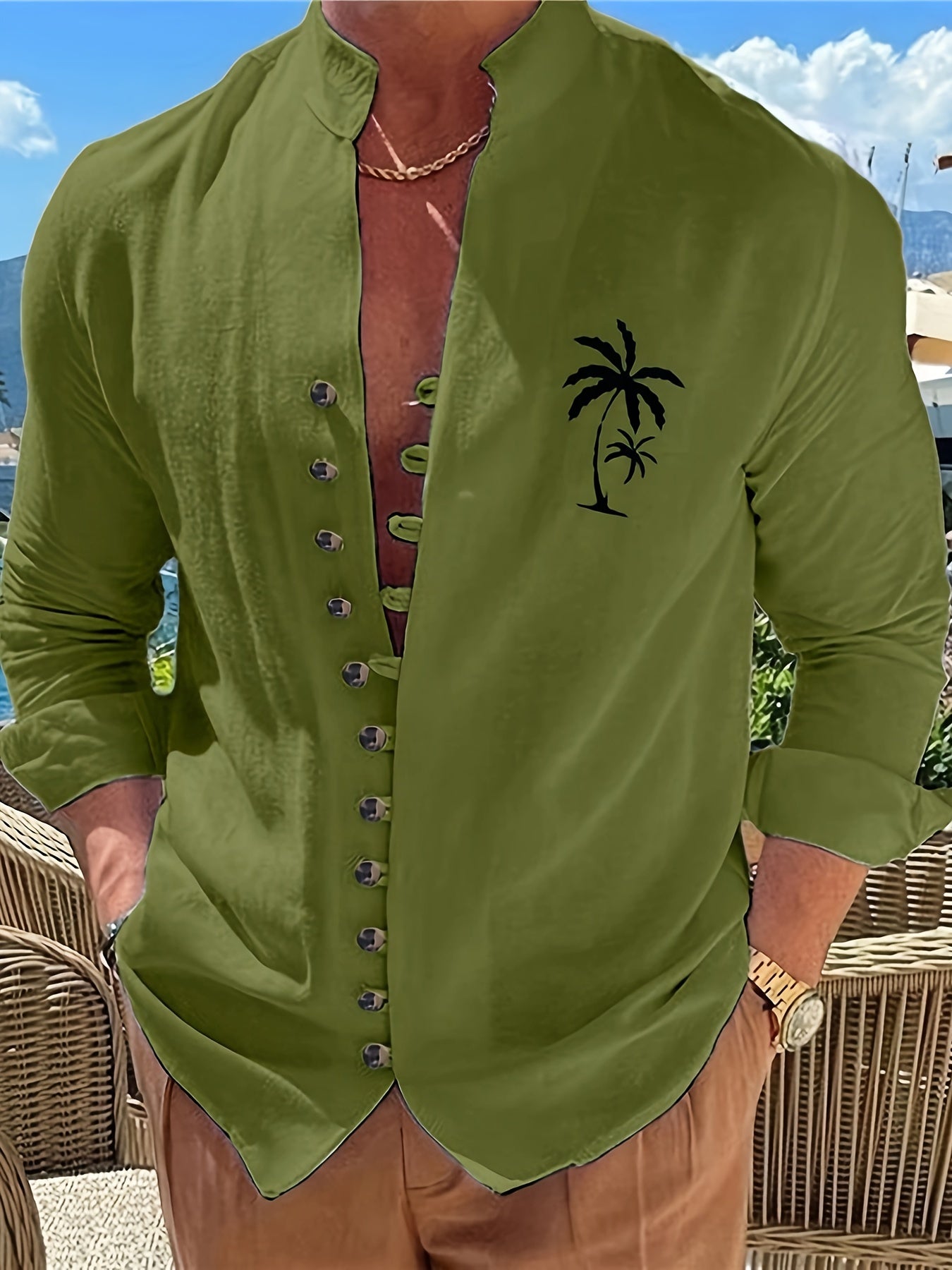 Men's Coconut Tree Shirt Top Turn-Down Collar Long Sleeve Closure Male Casual Shirt For Men Daily Vacation Streetwear