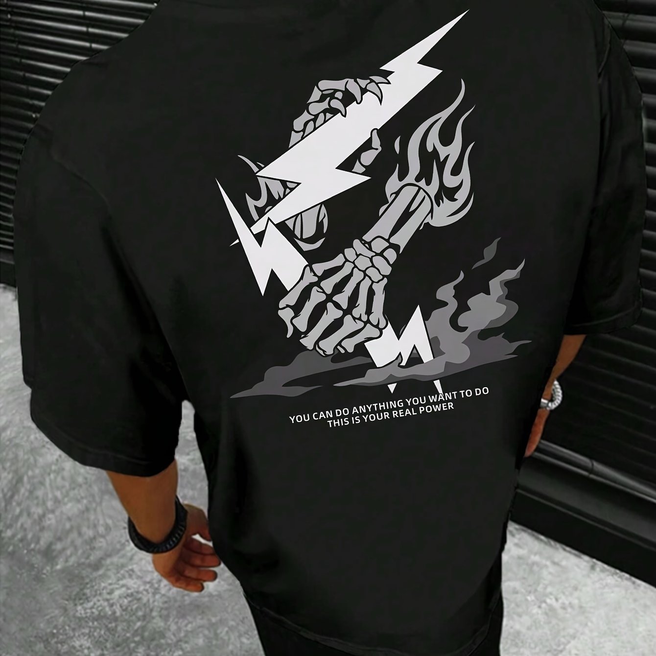 Skeleton Hand And Lightning Graphic Print Crew Neck Short Sleeve T-shirt
