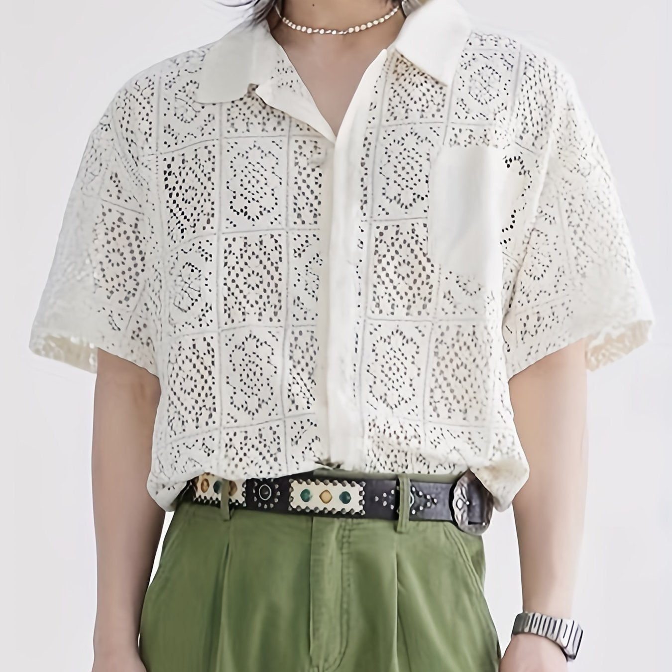 Men's Shirt Top, Solid Lace Hollow Out Design Lapel Short Sleeve Closure Summer Sexy Casual Button Up Shirt