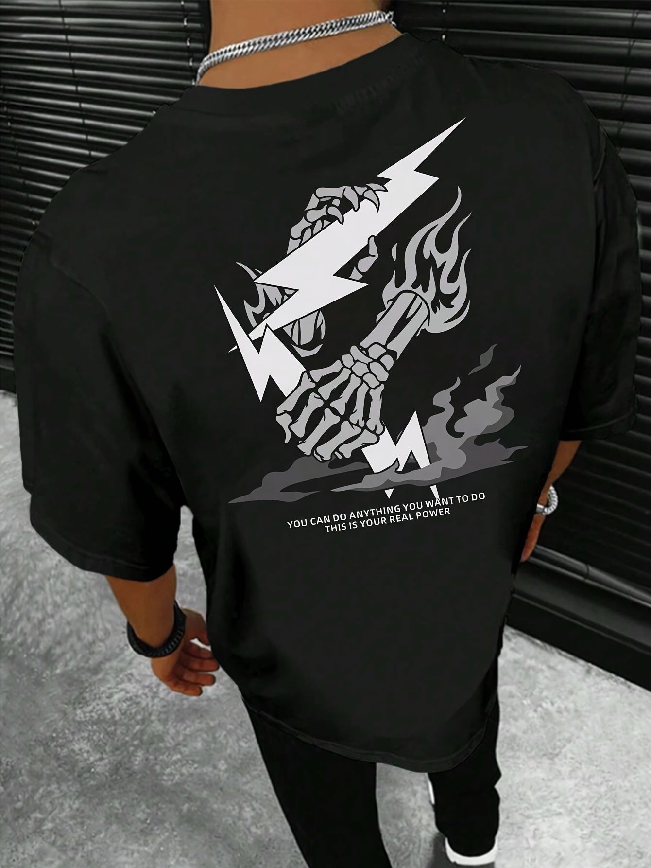 Skeleton Hand And Lightning Graphic Print Crew Neck Short Sleeve T-shirt