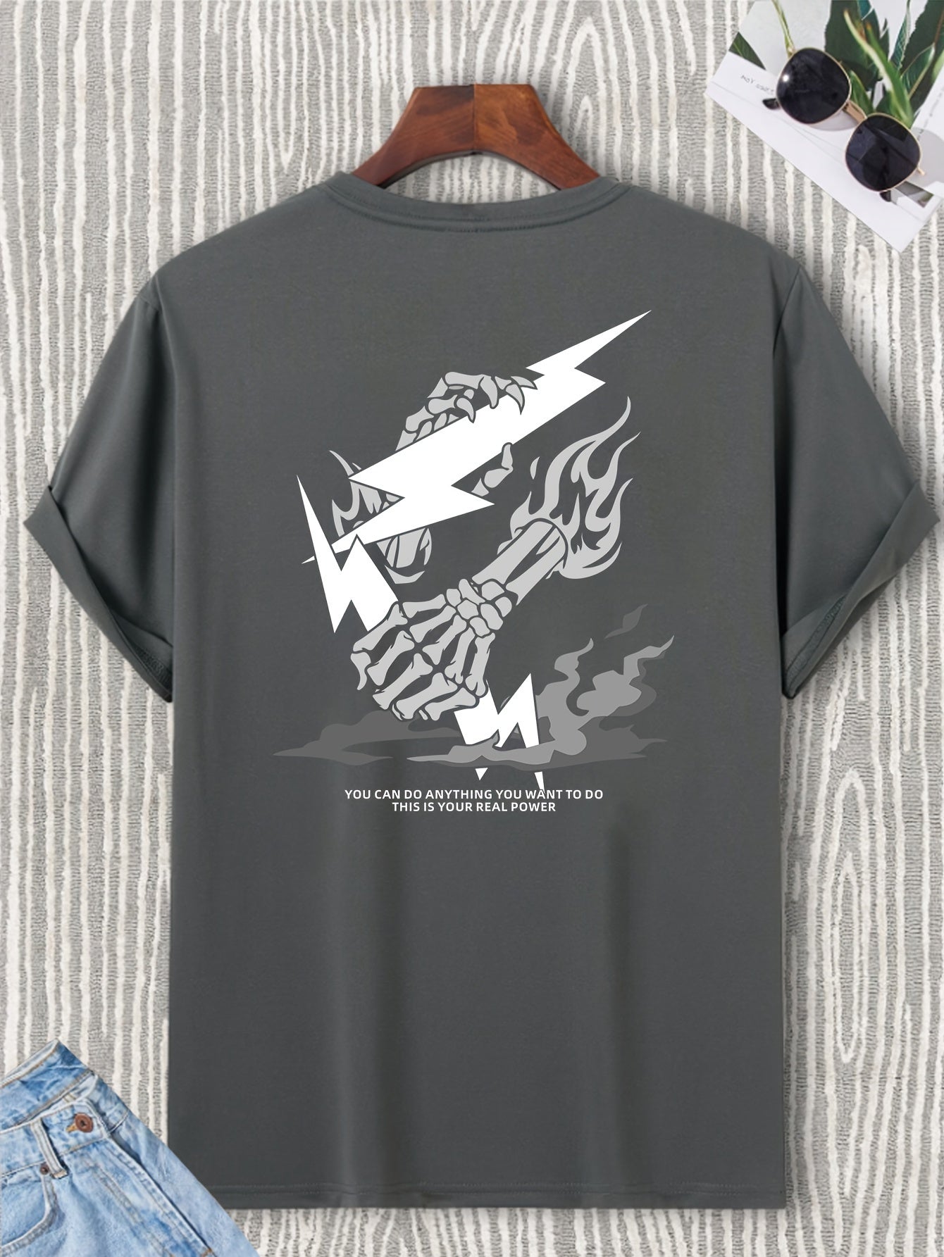 Skeleton Hand And Lightning Graphic Print Crew Neck Short Sleeve T-shirt
