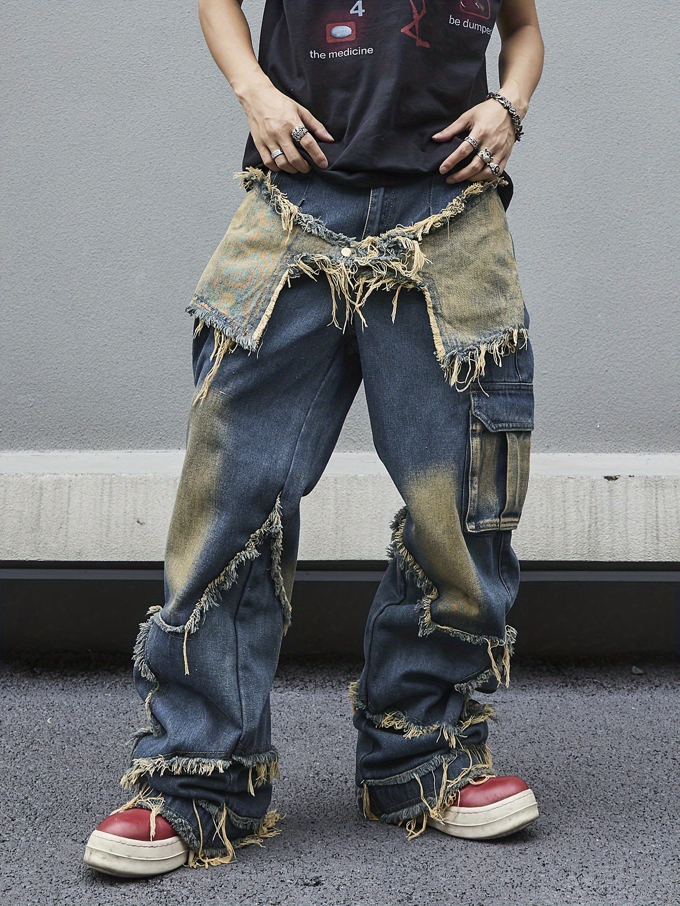 Midi Wide Leg Denim Jeans for Men - Stylish Vintage Street Style Patchwork Design