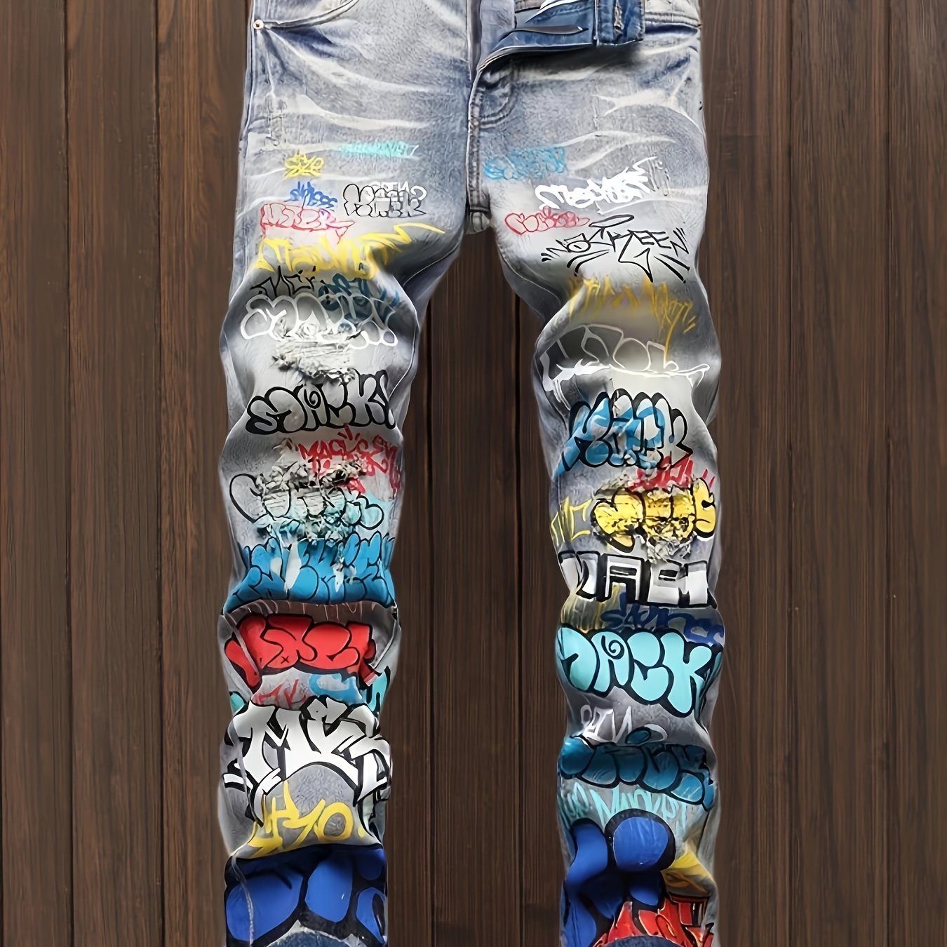 Stylish Graffiti Print Slim Fit Denim Jeans for Men - Comfortable