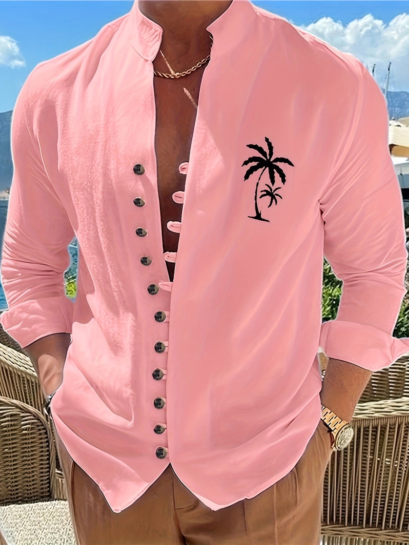 Men's Coconut Tree Shirt Top Turn-Down Collar Long Sleeve Closure Male Casual Shirt For Men Daily Vacation Streetwear