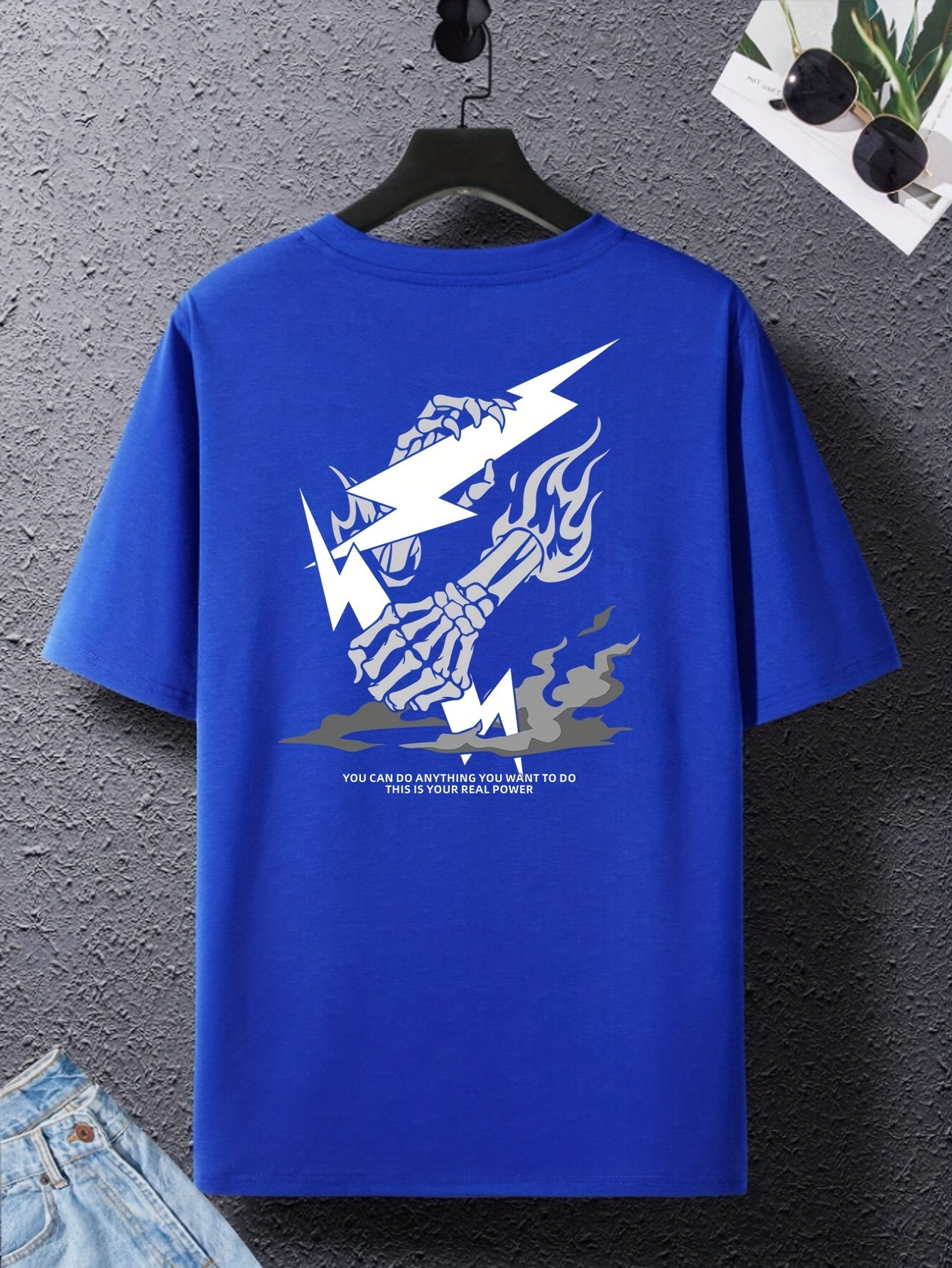 Skeleton Hand And Lightning Graphic Print Crew Neck Short Sleeve T-shirt