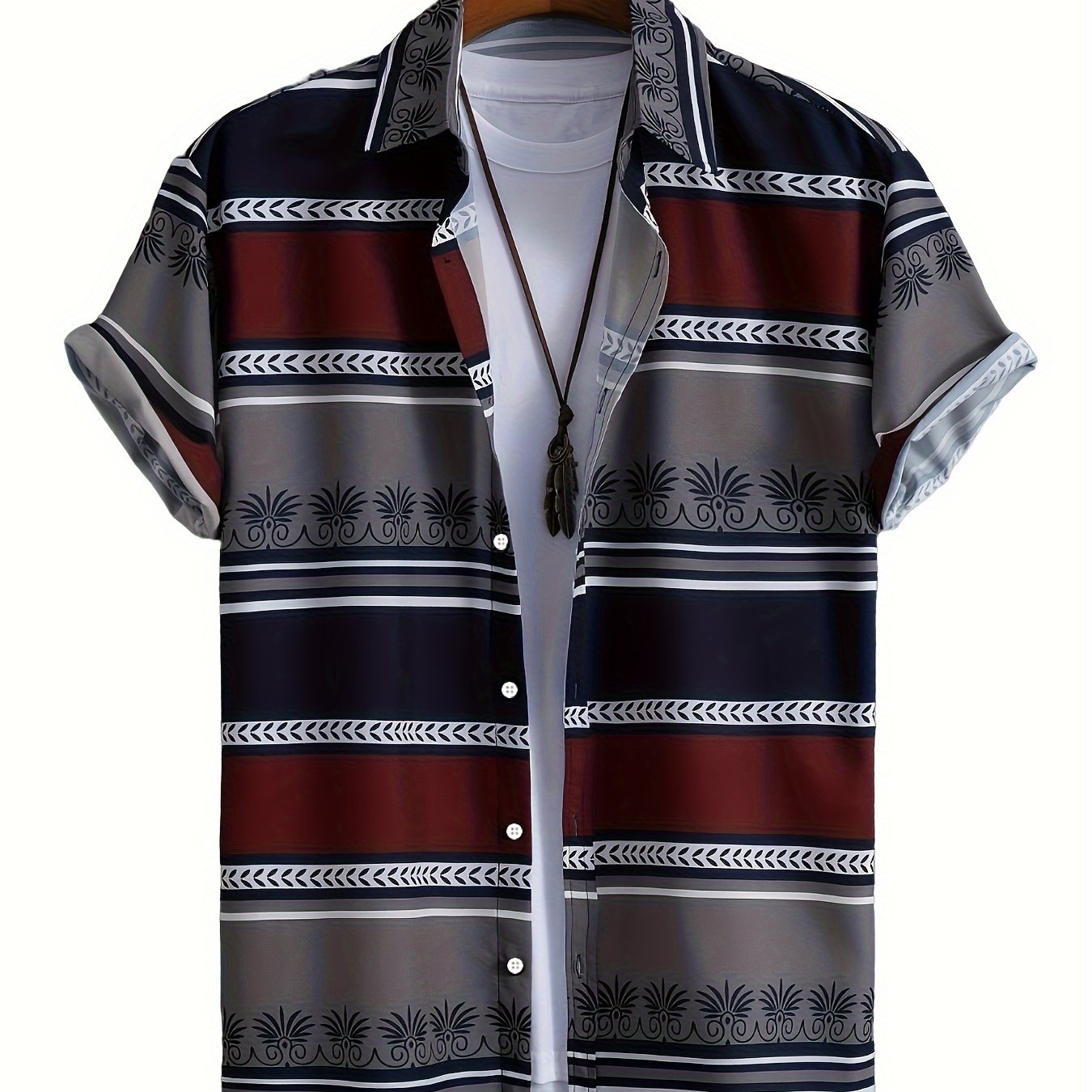 Retro Color Block Striped Pattern Men's Shirt Top, Lapel Short Sleeve Shirt For Men Daily Vacation Streetwear