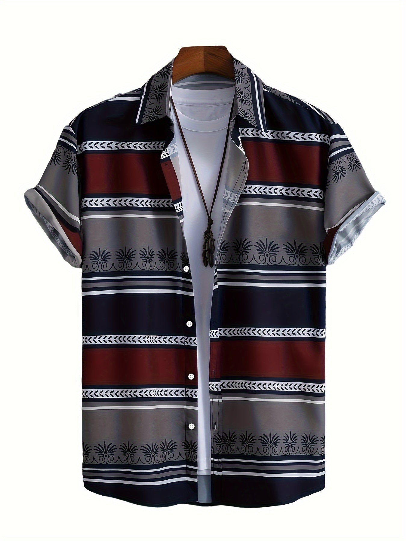 Retro Color Block Striped Pattern Men's Shirt Top, Lapel Short Sleeve Shirt For Men Daily Vacation Streetwear