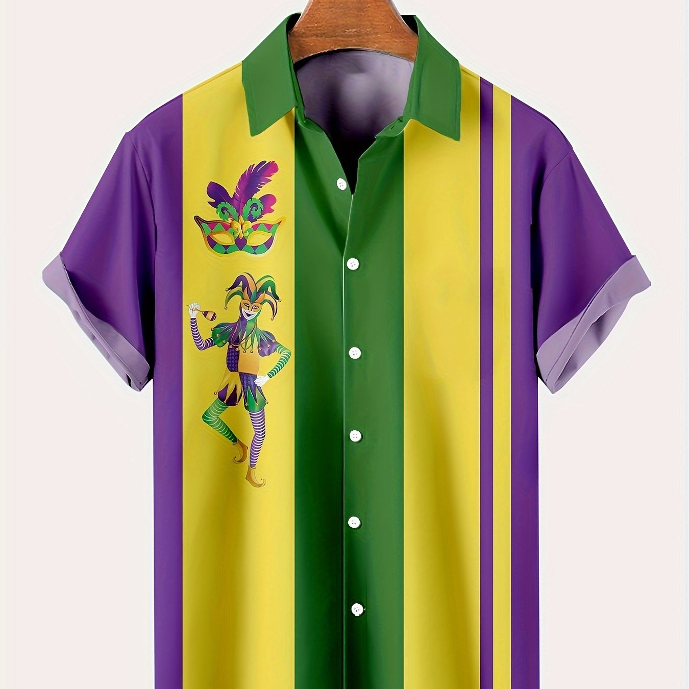 Vibrant Mardi Gras Carnival Color Block Short Sleeve Button Down Shirt for Men