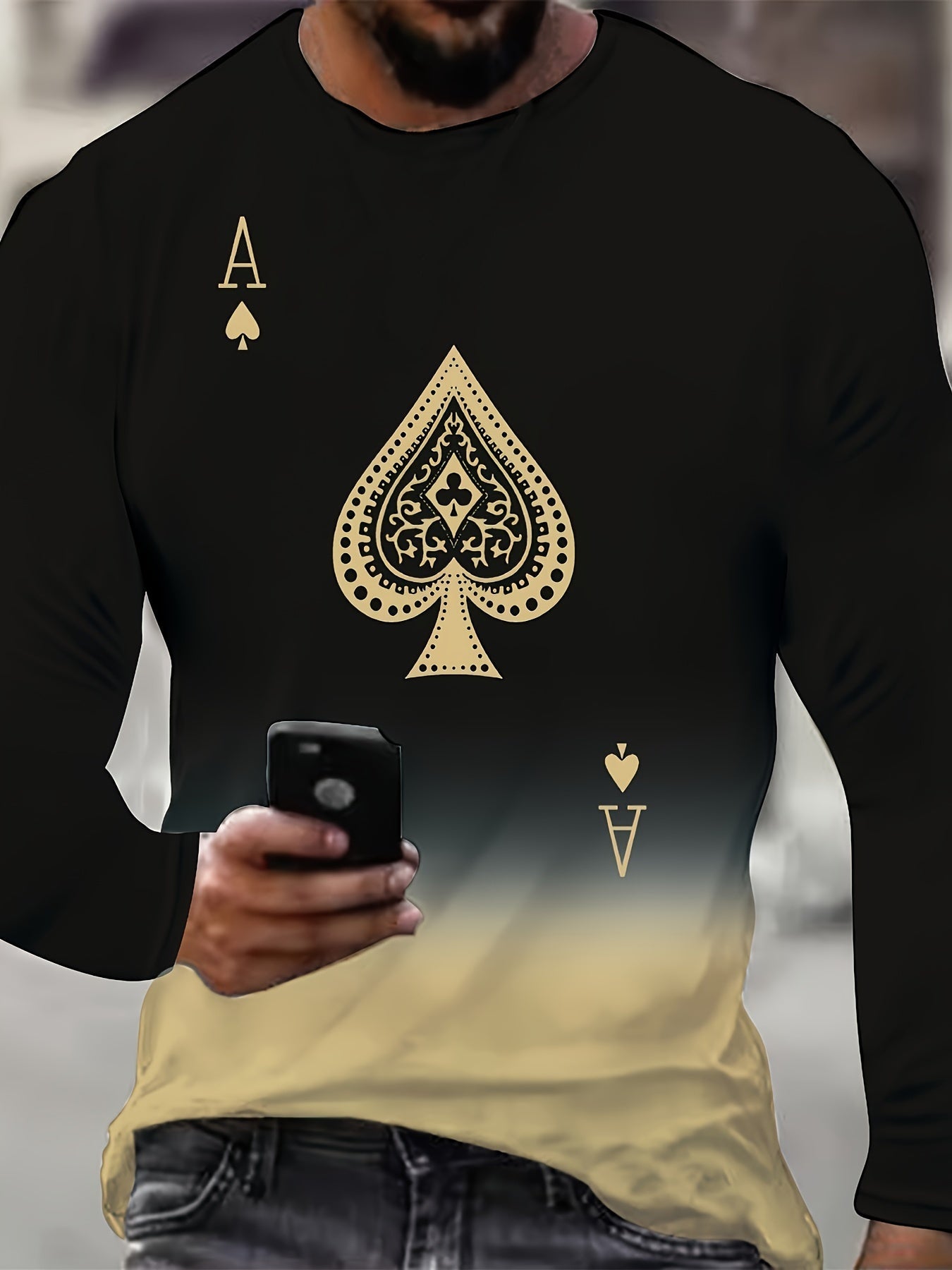 Gradient Chic Crew Neck Long Sleeve T-Shirt for Men - Vibrant Spade Print, Soft Fabric, Spring and Fall Outdoor Wear, Ideal Gift for Him