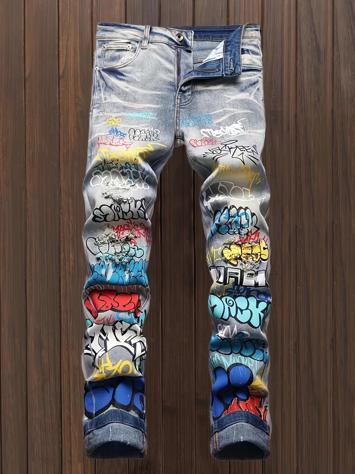 Stylish Graffiti Print Slim Fit Denim Jeans for Men - Comfortable