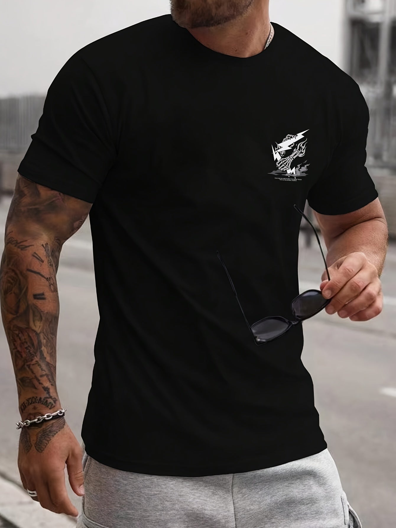 Skeleton Hand And Lightning Graphic Print Crew Neck Short Sleeve T-shirt